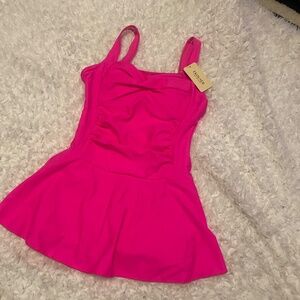 Ekouaer Swim Dress One Piece Bathing Suit Skirted Neon Pink